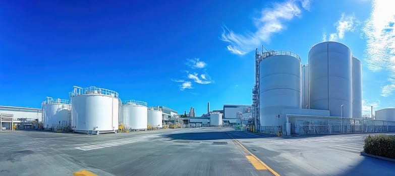 Large white industrial tanks storing chemicals in a modern factory under a bright blue sky
