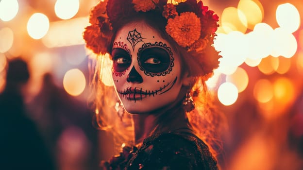 Body art on a woman's face, a wreath of roses on the city. Death costume at a party. High quality photo