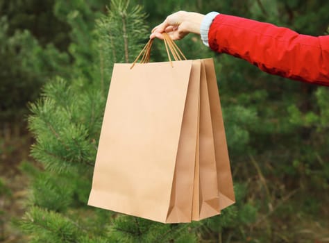 Purchase, holidays, female hand holding showing paper shopping bags, gift against christmas tree background