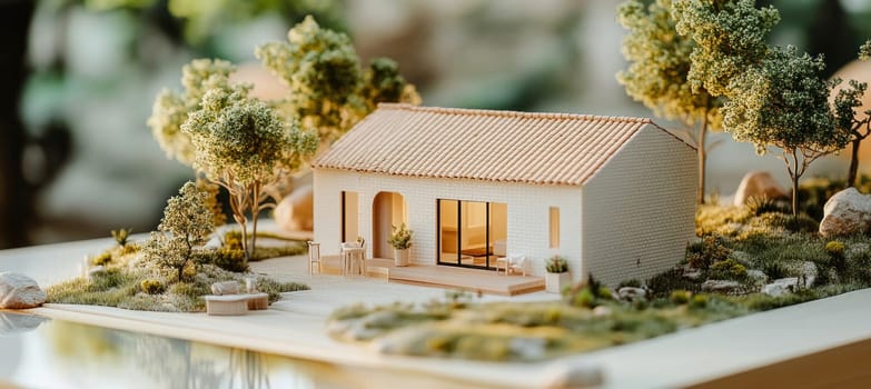 Close-up of a scale model of an eco-friendly house featuring a garden, patio, and surrounding greenery, highlighting sustainable building design