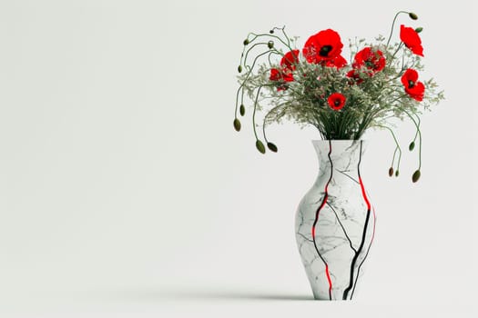A cracked alabaster vase holds red poppies and white blossoms, with some flowers in bloom and a few buds. Delicate green stems and artistic cracks complete the scene.