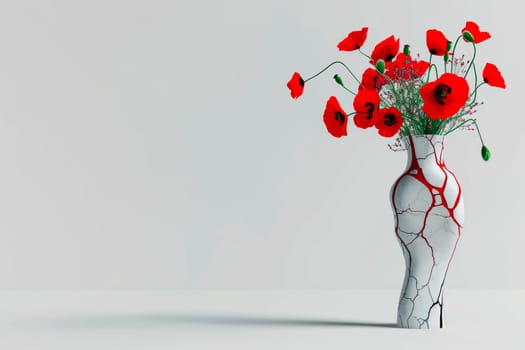 A cracked alabaster vase with blooming white and red lilies, along with a few unopened buds, stands on the right side of the frame. Left side allows space for text or logos.