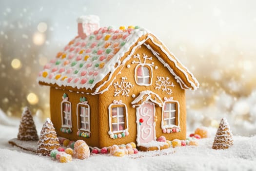Beautiful gingerbread house with candy canes, icing, and gumdrops in a snowy christmas landscape