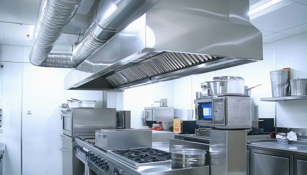 Large industrial kitchen with stainless steel pots on gas stove and exhaust hood in restaurant