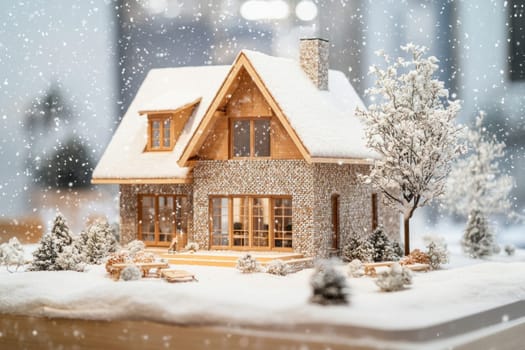 Small house model placed on snow covered surface during a snowfall with miniature trees and bushes, perfect for representing winter holidays