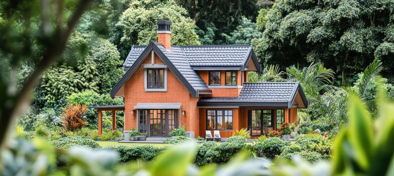 Small brick house model nestled in a vibrant, miniature garden landscape