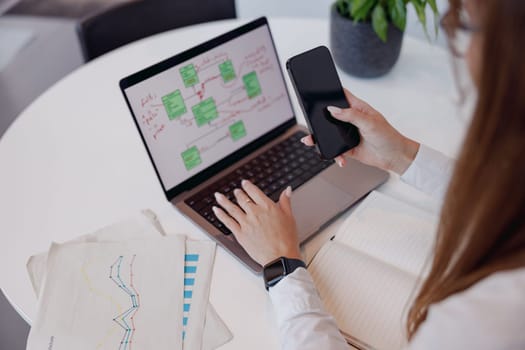 This is a modern work setup that includes a laptop, a smartphone, and tools for data analysis and communication