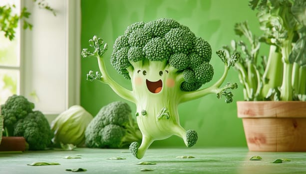 Cute, anthropomorphic broccoli character dancing joyfully in a vibrant garden setting, promoting healthy eating and a cheerful lifestyle