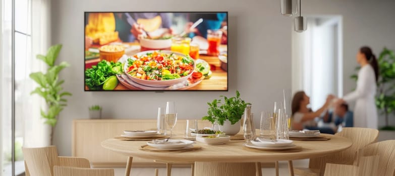 Large flat screen television displaying cooking show in contemporary dining room