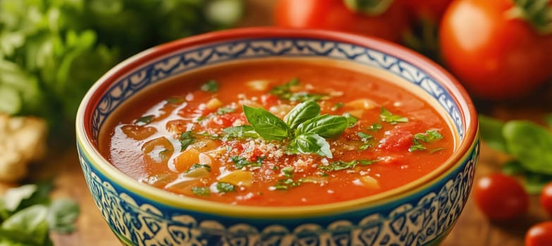 Warm tomato soup seasoned with fresh basil and parmesan cheese, embodying comfort and flavor