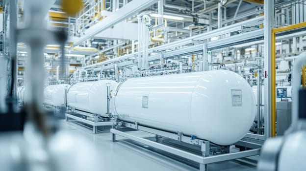 Shiny white industrial tanks standing in a row in a modern plant room, suggesting a concept of chemical processing, storage, or manufacturing