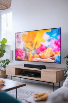 Large flat screen television displaying vibrant food show in contemporary living room setting