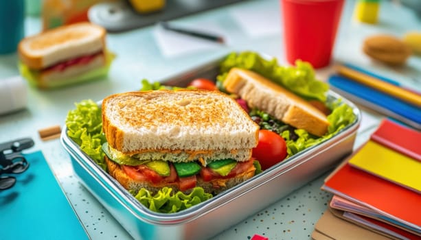 Metal lunchbox with tasty and healthy vegan sandwich, salad and other snacks on student desk