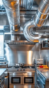 Stainless steel exhaust hood, ventilation pipes, and stove in a modern, professional kitchen ensuring a clean and efficient cooking environment