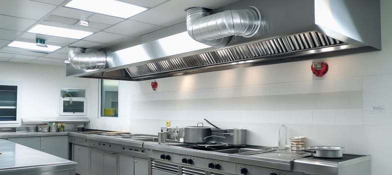 Professional exhaust hood and ventilation system ensuring clean air and safety in a modern restaurant kitchen