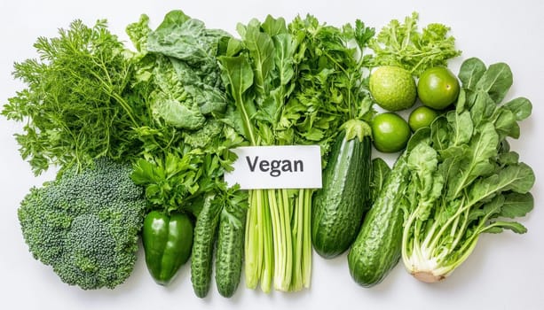 Assortment of fresh green vegetables and a sign promoting veganism, advocating for plant-based diets