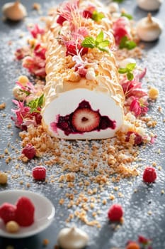 Delicious meringue roulade cake filled with berries, decorated with edible flowers, and sprinkled with a crumble topping