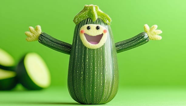 Funny zucchini character with open arms, celebrating healthy food and joyful lifestyle