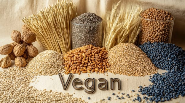 Vegan word written with various seeds, legumes, grains and nuts displayed on table