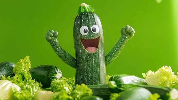 3d illustration of a cheerful zucchini character celebrating amidst a pile of fresh vegetables and lettuce