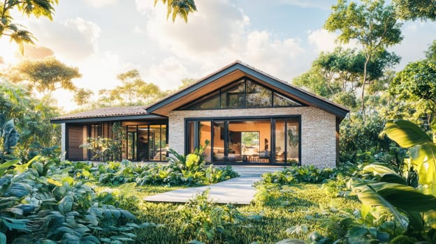 Luxurious jungle home with large windows showcasing interior living space, surrounded by lush green landscaping at sunset
