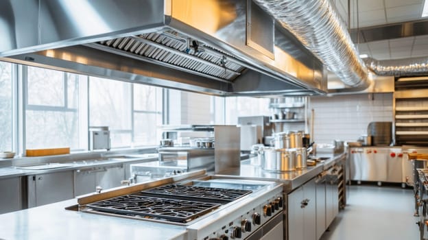 Gleaming stainless steel surfaces dominate a modern, professional kitchen, highlighting the importance of hygiene and efficiency in food preparation