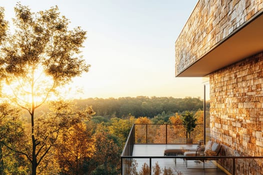 Luxurious balcony of a modern house offering breathtaking views of colorful autumn forest during sunset
