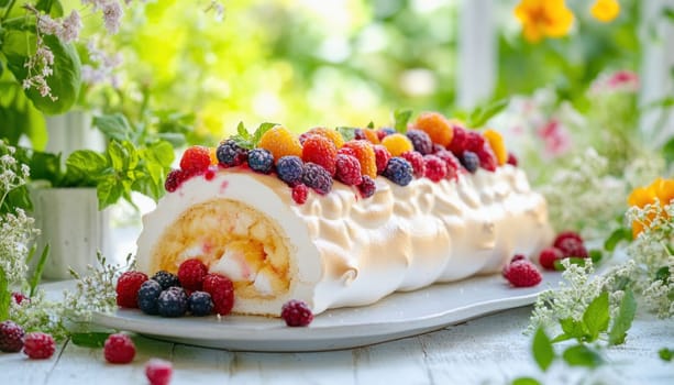 Delicious meringue roll cake decorated with fresh raspberries, blueberries, blackberries, apricots and mint leaves, sitting on a white tray in a garden setting