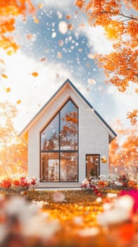 Modern house during fall with falling leaves in warm sunset light