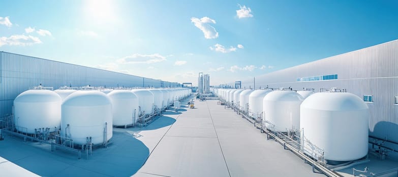 Rows of white spherical tanks storing chemicals stand outside at a modern industrial facility under a bright blue sky