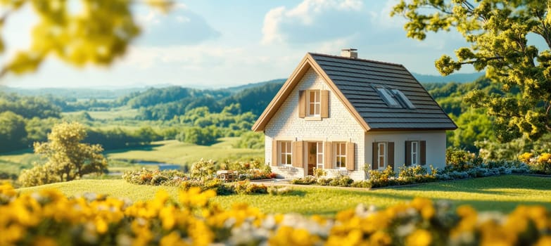 Charming house stands on a green hill, surrounded by a breathtaking view of rolling hills and valleys, bathed in warm sunlight