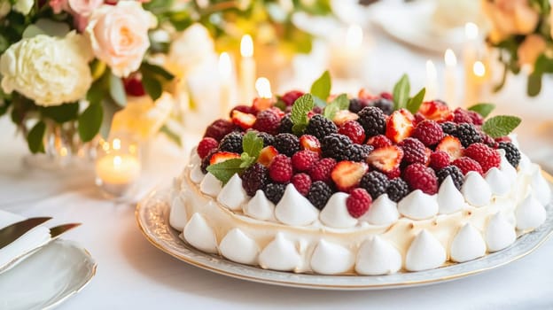 Pavlova cake with fresh raspberries, strawberries, blackberries, and mint leaves sits on a festive table with candles and flowers