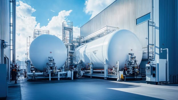 Large white industrial tanks storing chemicals or oil at a refinery processing plant under a blue sky