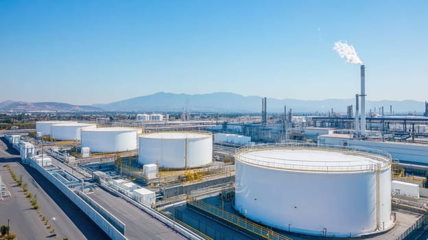 Large white cylindrical tanks storing refined products in a refinery plant, highlighting industrial processes and environmental impact