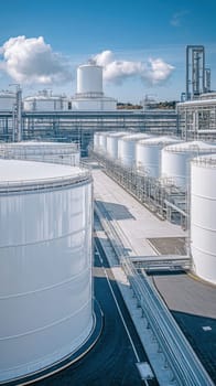 Large white industrial tanks storing chemicals or oil under a blue sky in a refinery or chemical plant