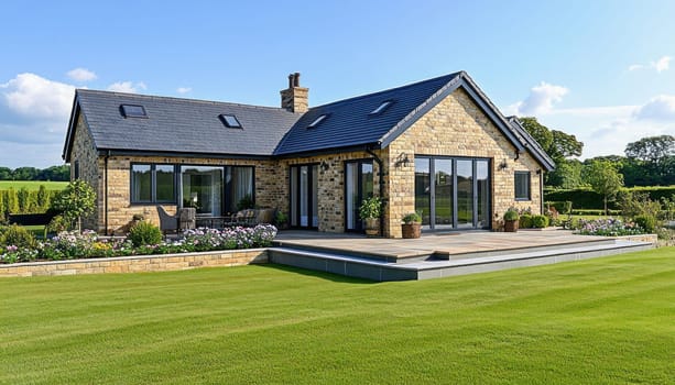 Beige brick house featuring a large patio, manicured lawn, and flowerbeds under a clear blue summer sky