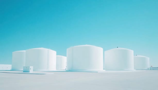 Large white industrial tanks storing chemicals or water under a clear blue sky