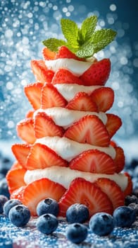 Delicious strawberry and whipped cream dessert shaped like a christmas tree, garnished with blueberries and mint leaves