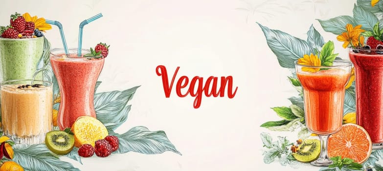 Refreshing vegan smoothies surrounded by various fruits and tropical leaves create a vibrant and healthy image
