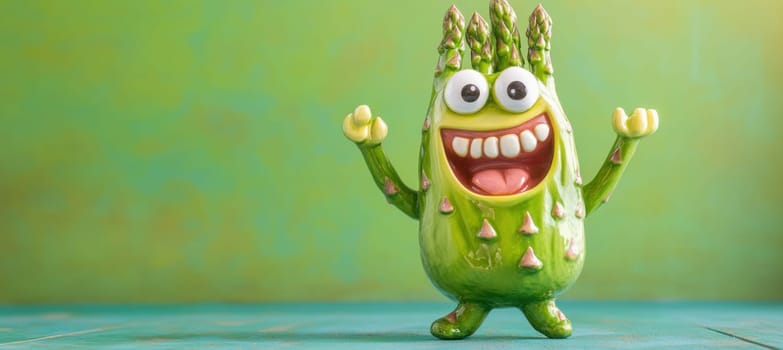 Smiling cartoon character made of asparagus waving on green background, promoting healthy eating and vegetarian lifestyle
