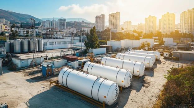 White horizontal tanks storing chemicals or oil in industrial plant near the city at sunset