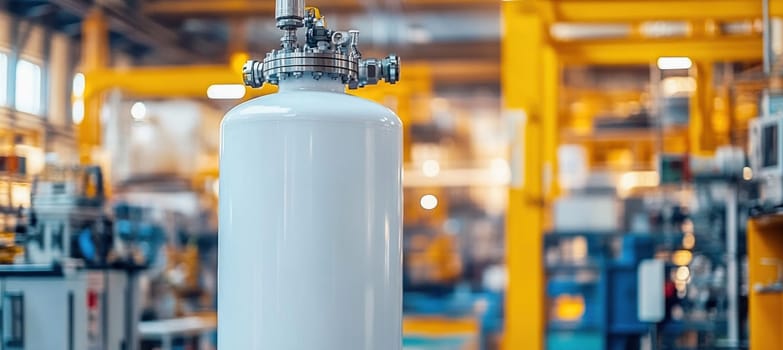 Industrial production line showing a white tank with valves and pipes in a factory setting with machinery in the background