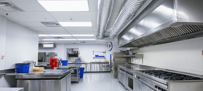 Large, clean professional kitchen showing stainless steel counters, gas burning stove and ventilation system