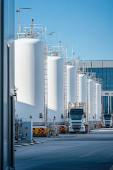 White tanker trucks parked in front of large industrial liquid storage tanks at a chemical plant filling up