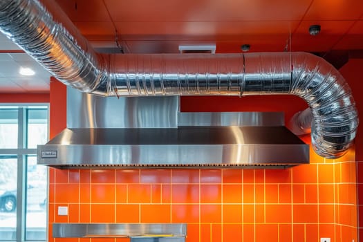 Shiny metal exhaust hood over a stove in an industrial kitchen with visible ventilation pipe and orange tiled wall