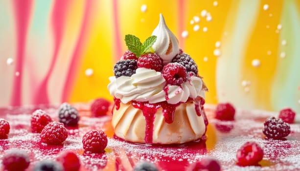 Sweet pavlova cake with whipped cream, raspberries, blackberries, mint and powdered sugar on colorful background