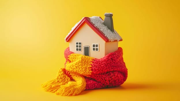 Miniature house wrapped in a colorful scarf, representing winter, heating, energy saving, and home insulation