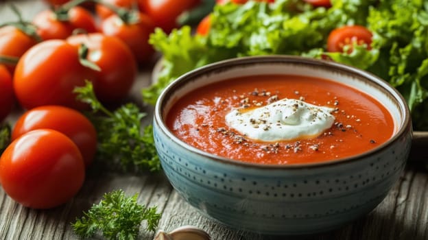 Bowl of delicious tomato soup with sour cream, spices and organic ingredients like fresh tomatoes, parsley, garlic and lettuce