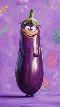 3d illustration of a friendly, smiling eggplant character with small feet, standing against a vibrant purple backdrop with colorful abstract patterns