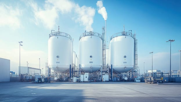 Large white industrial tanks releasing steam at a chemical plant under a blue sky